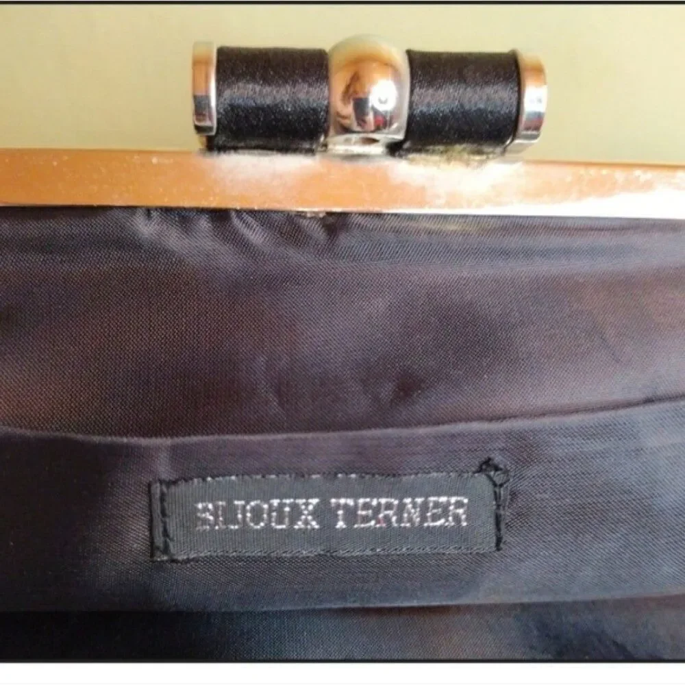 Bijoux Terner VTG Y2K Black‎ Satin Weaved Kisslock Top Evening Clutch with Chain